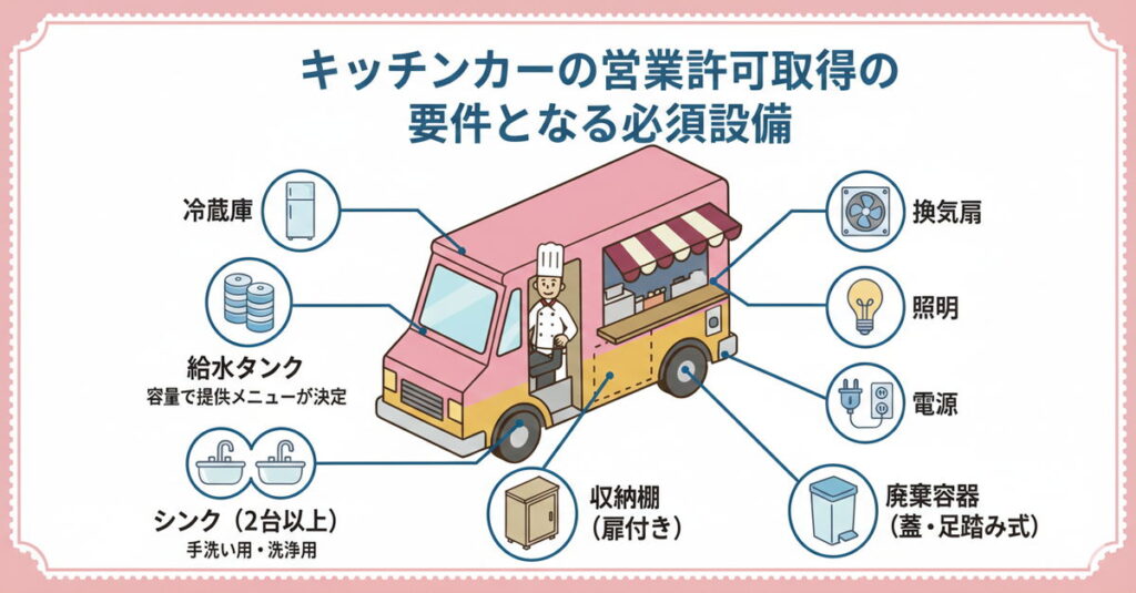 キッチンカーの営業許可取得に必要な必須設備（シンク、給水タンク、換気扇、冷蔵庫など）の図解イラスト